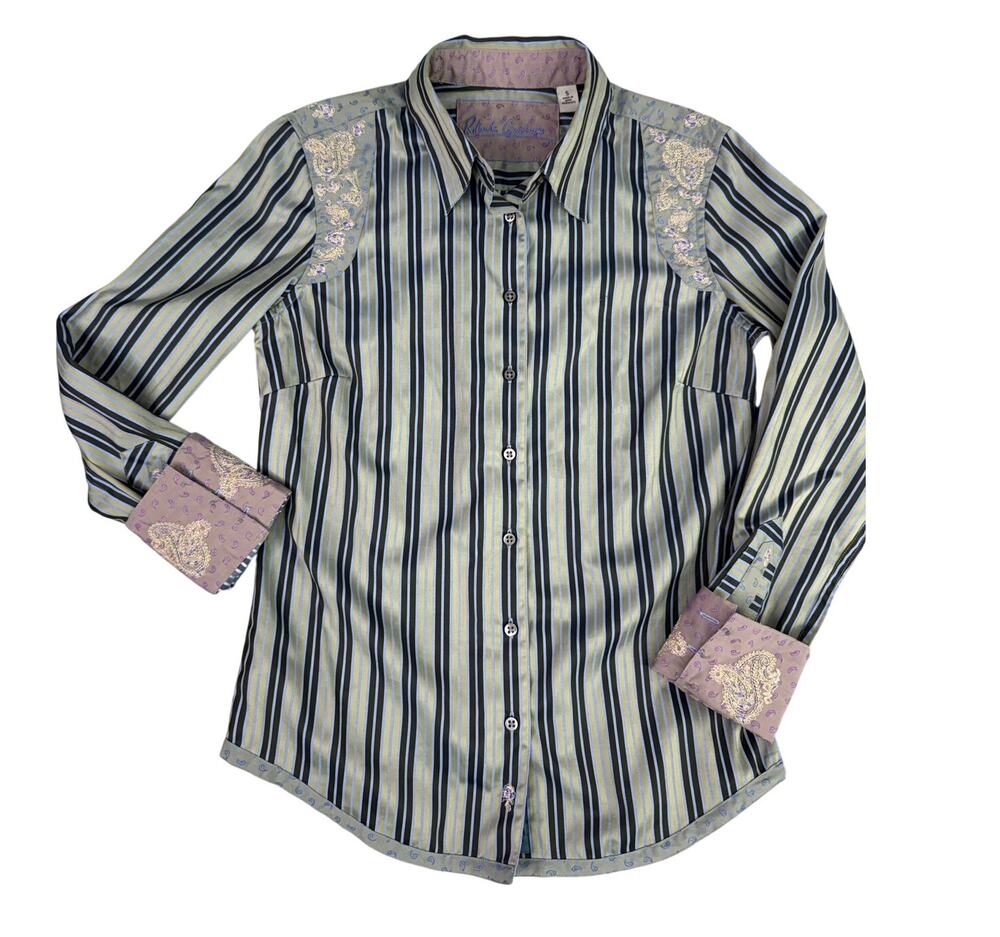 Robert Graham Button Down Stripe Shirt Paisley Embriodery Small 100% Cotton